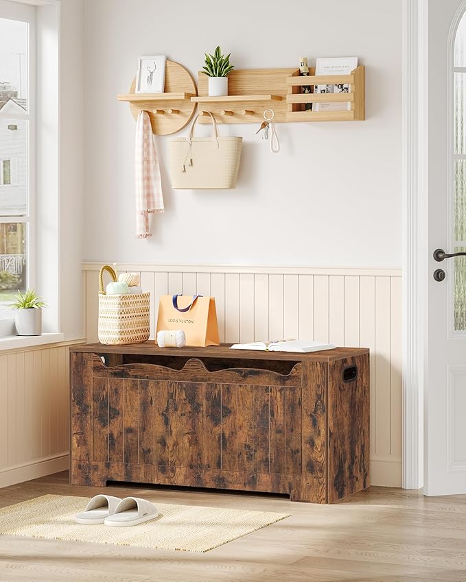 39.4" Storage Chest, Storage Bench Trunk with 2 Hinge, Wooden Box, Lift-Top Chest Organizer, Shoe Bench for Entryway, Bedroom, Living Room, Rustic Brown SB01001X