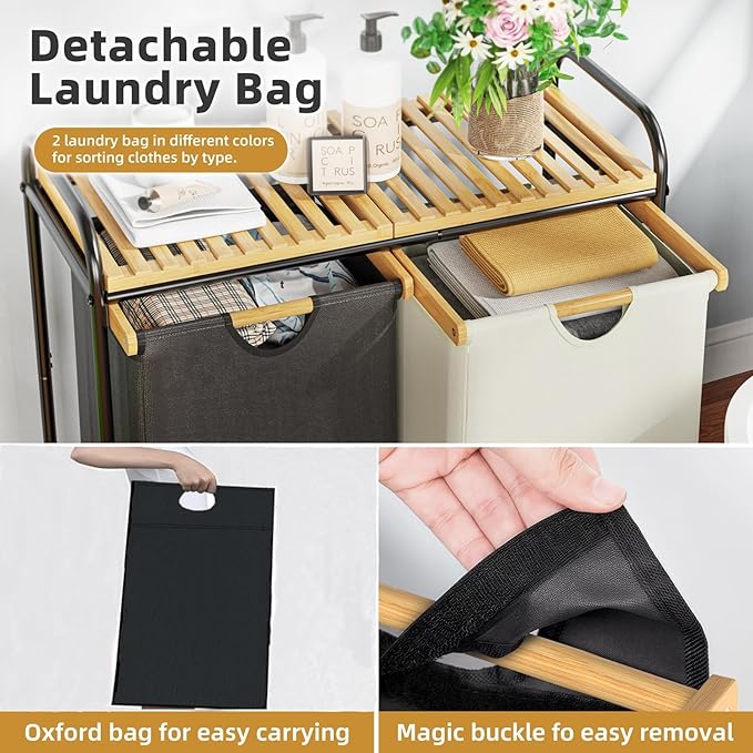 Laundry Hampers 2 Section, Laundry Sorter with Removable Shelf and Pull-Out Bags, Clothes Hampers with Wheels Rolling Cart Basket for Laundry Room Bathroom, 2 x 50 L (Black White)