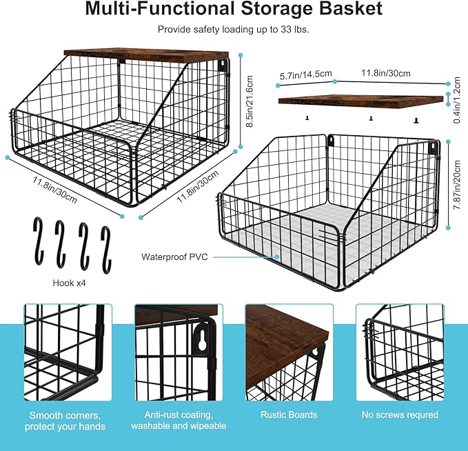 Laundry Room Shelves Wall Mounted with Storage Basket - Farmhouse Stackable Wire Wall Shelves Organizer for Towels, Detergent, Tissues | Space-Saving Over Washer & Dryer(11.8" Wx12 Dx8.5 H)