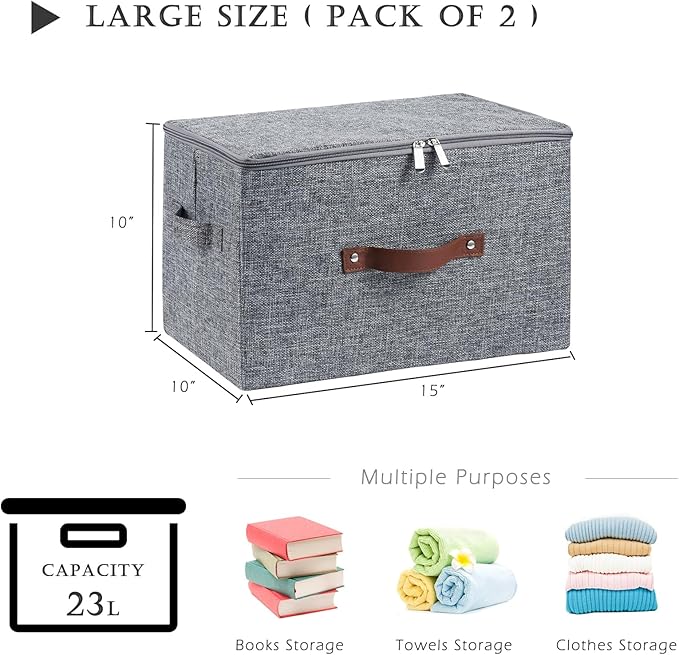2 Pack Storage Bins with Zipper Lid Cotton Linen Fabric Lidded Storage Baskets Boxes Foldable Washable Closet Shelf Clothes Organizer Container with PU Leather Handles (Gray, Large Size)