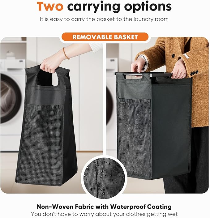 NEWBULIG Rolling Laundry Hamper with Removable Pull-Out Bag, Freestanding Clothes Basket Organizer with Wheels for Bathroom & Bedroom, 2 × 13.1 Gal (99L) - Rustic Brown & Black