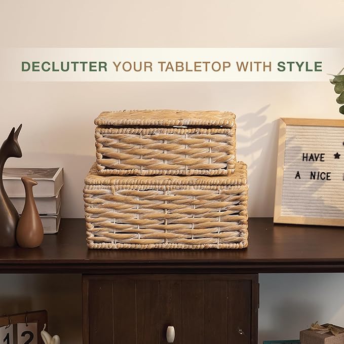 Set of 2 White Wicker Baskets with Lid