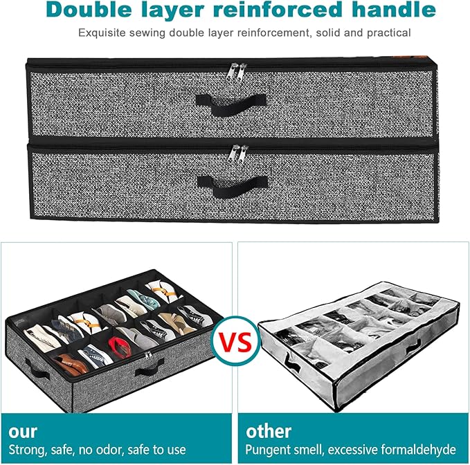Under Bed Shoe Storage Organizer for Closet 2 Pack- Fits 32 Pairs Underbed Shoes Container Boxes Black