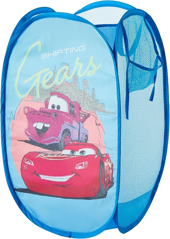 Disney Cars Pop-Up Hamper with Durable Carry Handles for Laundry, Kids Room & Nursery Storage, 21”H x 13.5”W x 13.5”L