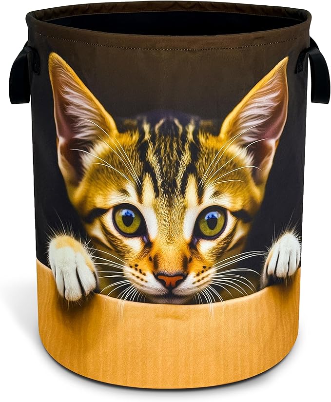 Cute Cat Laundry Basket Pet Animal Foldable Waterproof Oxford Cloth Funny Tote Bag Laundry Hamper Clothes Storage Bucket Toy Organizer For Bathroom/Laundry Storage/Bedroom 18.9x16.5 Inch
