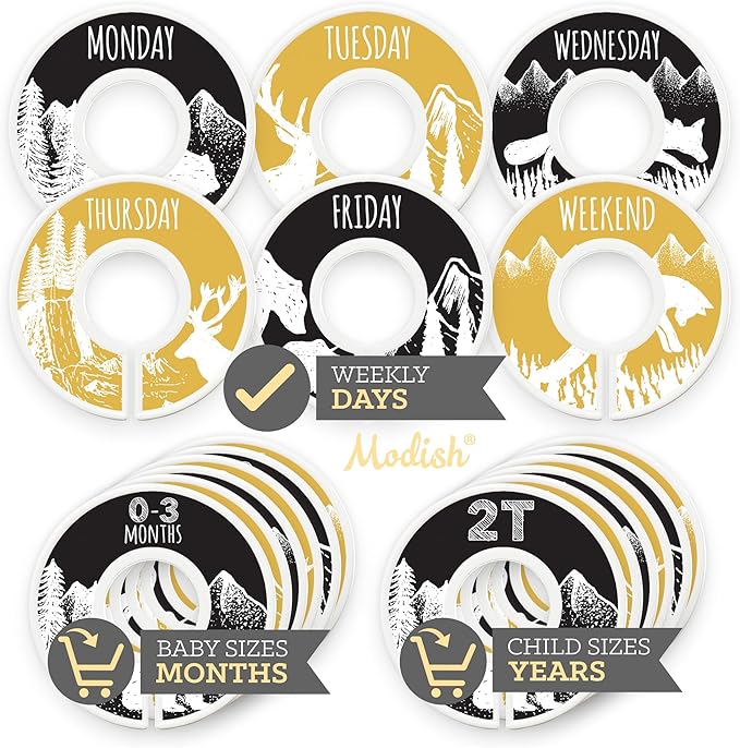 Days of the Week School Clothes Organizer, Modish Labels Weekly Monday through Friday Kids Closet Organization, Girl Boy Neutral Black Yellow Woodland Animal Outdoor Mountain Forest Safari Explorer