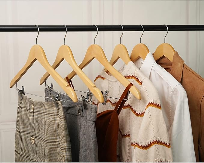 HOUSM 16Pack Wooden Skirt Hangers with Clips, Solid Wood Pants Hangers, Natural, Smooth Finish, High-Grade Selected Wood, Sturdy Metal Clips for Blouse, Dress, Coat, Jacket