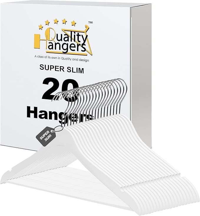 20 Luxury Slim Space Saving Wooden Clothes Hanger with Squared Pant Bar Best for Shirts, Blouses, Pant, Dress, Hangers White (White - Shirt with Pant Bar, 20)
