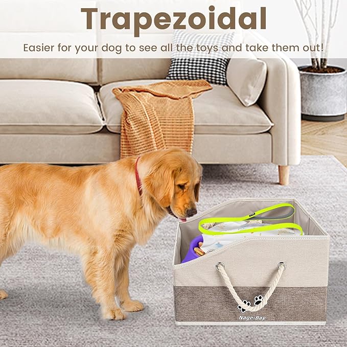 Large Dog Toy Basket With Handle, Foldable Dog Toy Box for Living Room Area, 20" Basket for Dog's Toys, Clothes, Organizers and Storage with Hard Board, Anti-slip for Pet Toys (Brown, Medium)