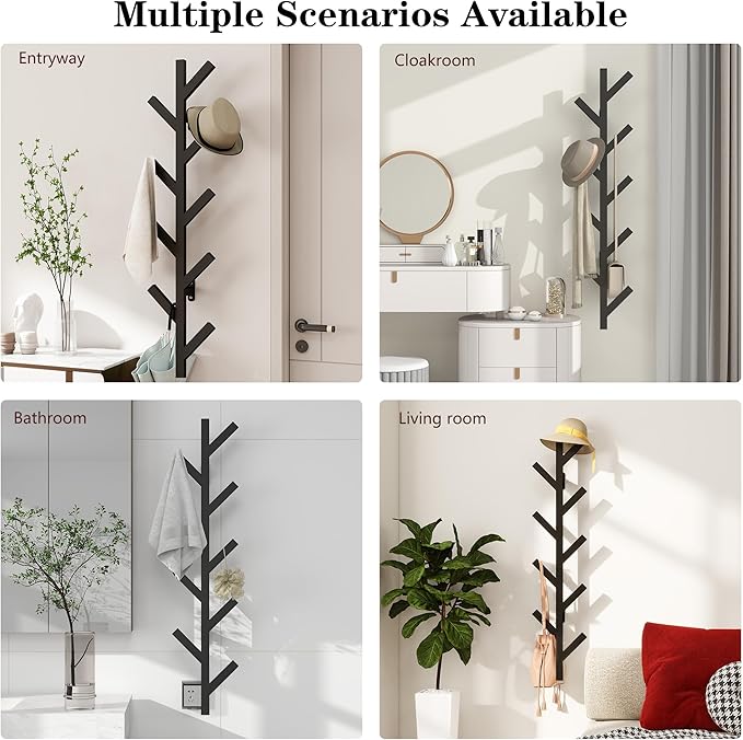 Coat Rack Wall Mounted - 9 Hooks, Coat Hooks for Wall, Modern Metal Coat Tree for Hats, Jackets, Bags, Entryway Bedroom-Black (Height 37.8")