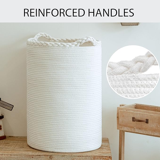 72L Woven Laundry Hamper,Cotton Tall Wicker Laundry Basket for Blankets,Clothes,Pillows,Toys,Shoes Large Laundry Bin White