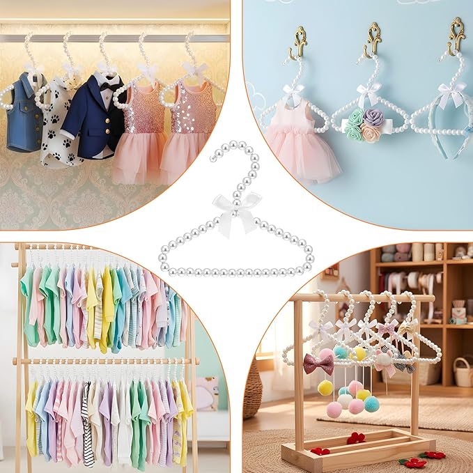 10Pcs Pearl Beaded Clothes Hangers, Mini Pearl Beads Small Metal Clothes Hangers with Ribbon, Elegant Standard Hanger for Women Dog Cat (White)