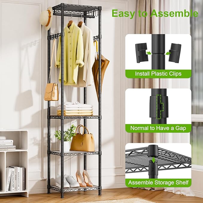 R1 Black & R1 White Coat Rack Freestanding, Hall Tree with 4 Storage Shelves and 16 Hooks, Coat Rack Stand with Shelves, Small Clothes Rack Organizer for Entryway, Hallway, Bedroom, Office