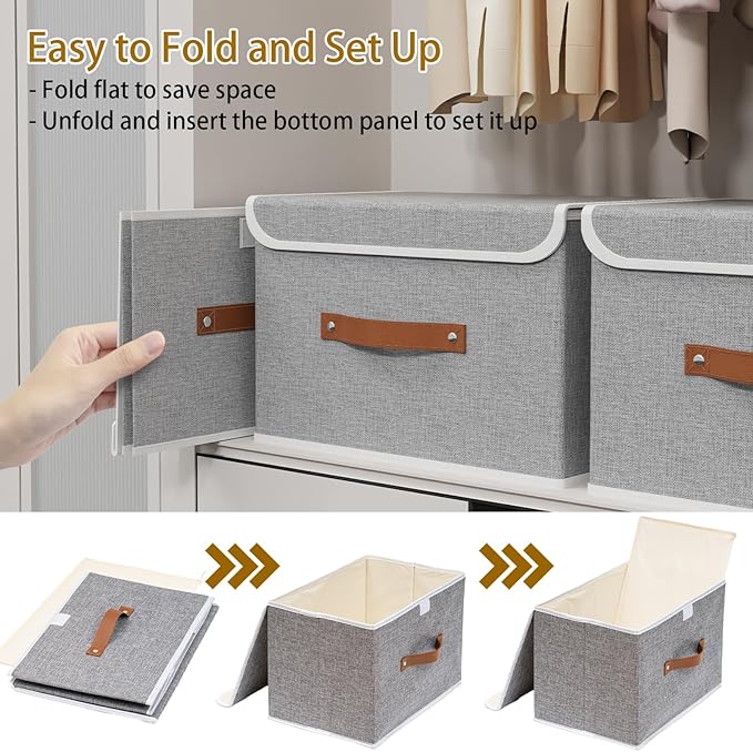 Yawinhe Storage Bins with Lids, Closet Baskets, Washable and Leather Handle, Collapsible Boxes for Home, Grey, 17.7''Lx11.8''Wx11.8''H, 1-Pack, USNK024GX-1