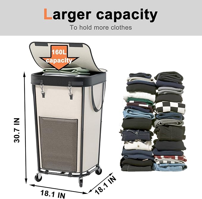 Laundry Basket with Lid and Wheels Rolling Laundry Basket, Removable Laundry Bag Design for Daily Use in Bathrooms and Laundry Rooms (Cover White, 160L)