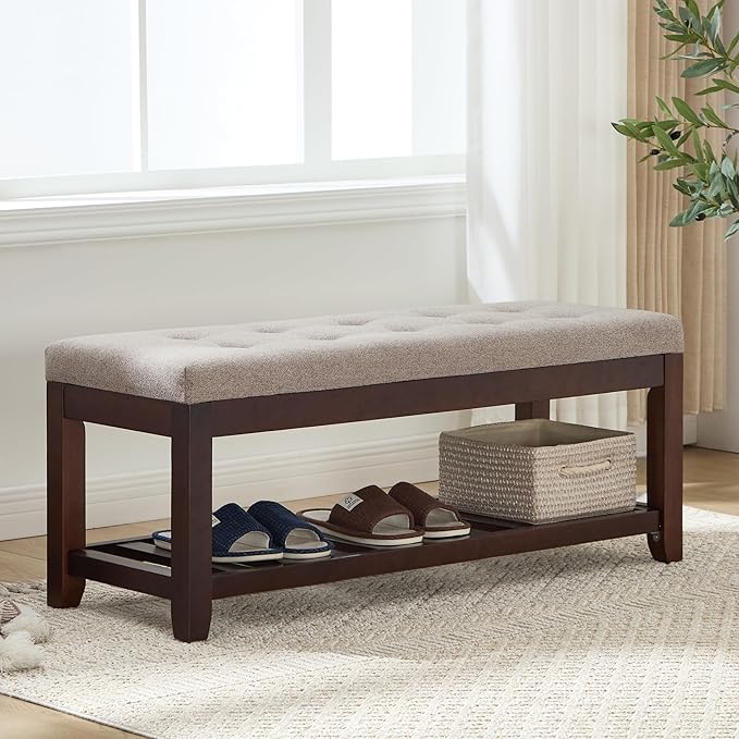 Shoe Bench Entryway, 44" End of Bed Bench,Upholstered Linen Bench for Living Room,Fabric Ottoman Bench with Solid Wood Shelf for Bedroom, Entrance Lightbrown