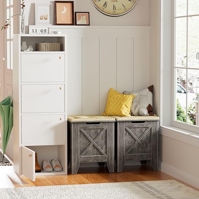 VECELO 17.7" Storage Bench, Entryway Shoe Ottoman, Farmhouse Style Bench with Handwoven Cushion and Metal Safety Hinges, for Bedroom, Living Room, Entryway, Gray