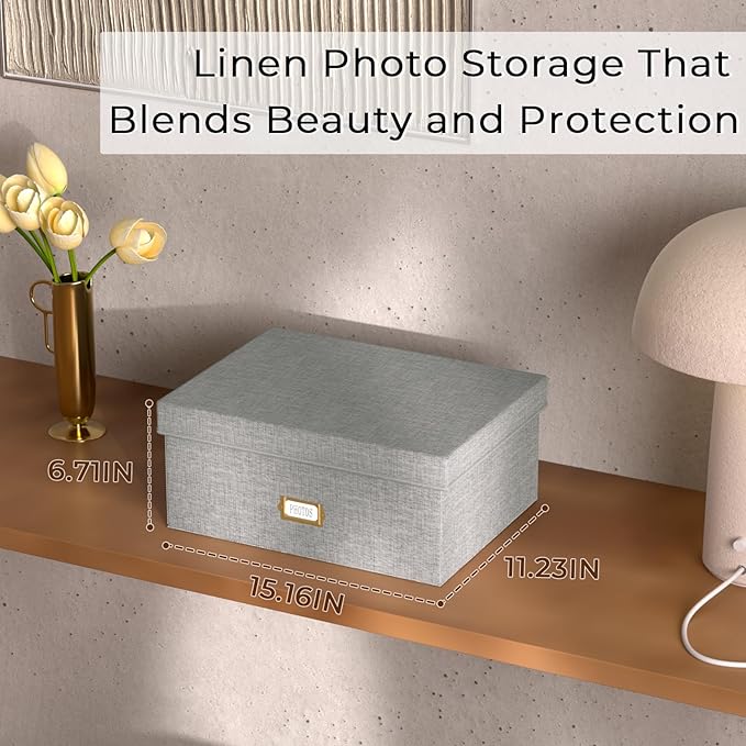Decorative Photo Storage Box - Linen Photo Box Organizer with Dividers, Fits Holds Up to 1700 Pictures and 5x7 Photos, Memory Keepsake Organizer for Photos, Scrapbook Supplies, Cards, Stamps (Grey)