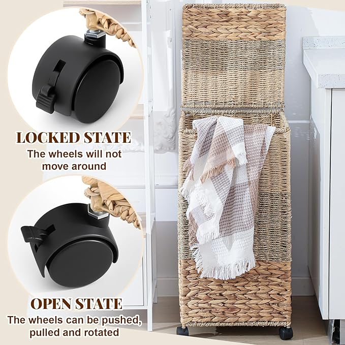 65 L Rolling Wicker Laundry Basket Laundry Hamper with Lid Decorative Woven Hamper with Washable Removable Liner Bags and Handles for Clothes Tricolor Natural Water Hyacinth(1 Sections)