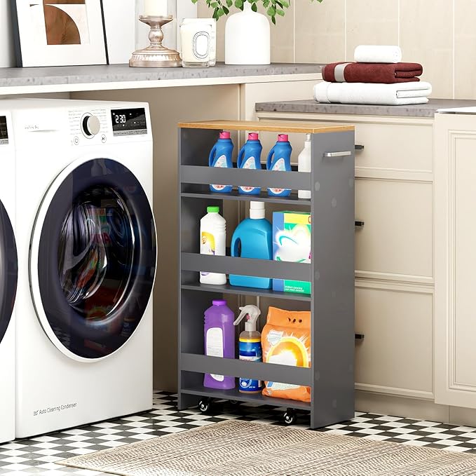 Small Kitchen Cart, 4-Tier Slim Rolling Island w/Handle, Laundry Room Storage Organizers Between Washer and Dryer, Narrow Spice Rack on Wheels Next to Fridge (Gray, 8'')