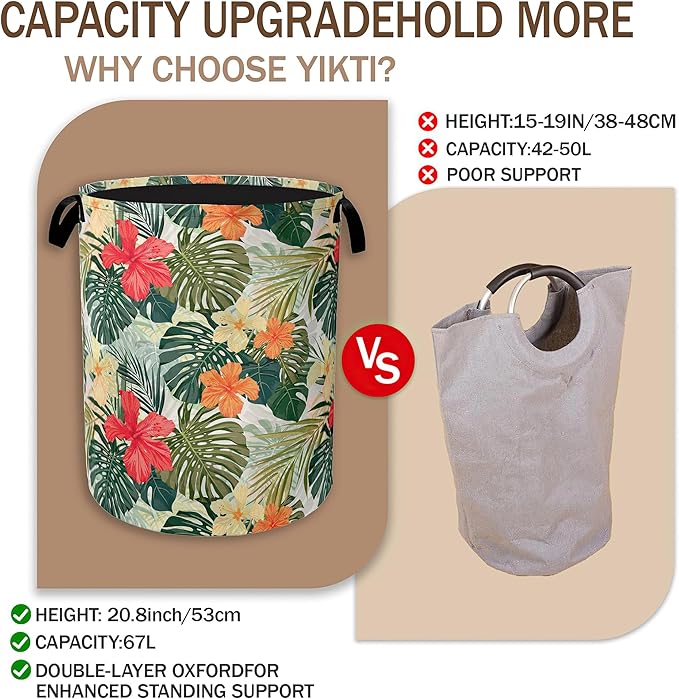 Tropical Palm Leaves Laundry Basket,Summer Flowers Clothes Hamper,Oxford Cloth Collapsible Nursery Hamper Storage Organization for Bedroom,Bathroom,Office,College Dorms,16x20 Inch