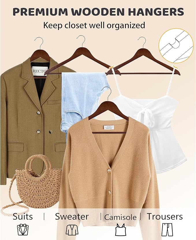 Wooden Hangers 30 Pack, Smooth Wood Hangers with 360 Swivel Hook & Notches, Solid Coat Hangers Wooden for Closet, Walnut