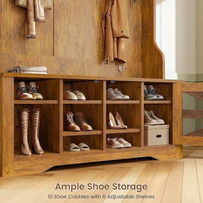 Itaar Hall Tree with Bench and Shoe Storage, 5-in-1 Entryway Bench with Coat Rack, 10 Shoe Cubbies & 9 Coat Hooks, Barn Door & Adjustable Shelf (Rustic Brown)