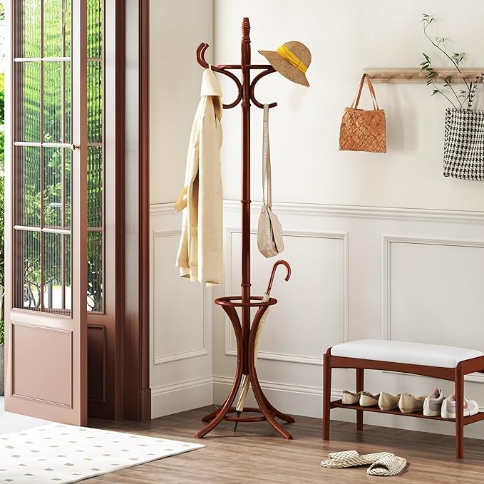 GOFLAME 73" Coat Rack Freestanding, Wooden Coat Tree with 12 Hooks and Umbrella Stand, Entryway Hall Tree, Hat Hanger Organizer, Coat Rack Stand for Coats, Hats, Scarves, Easy Assembly, Reddish Brown