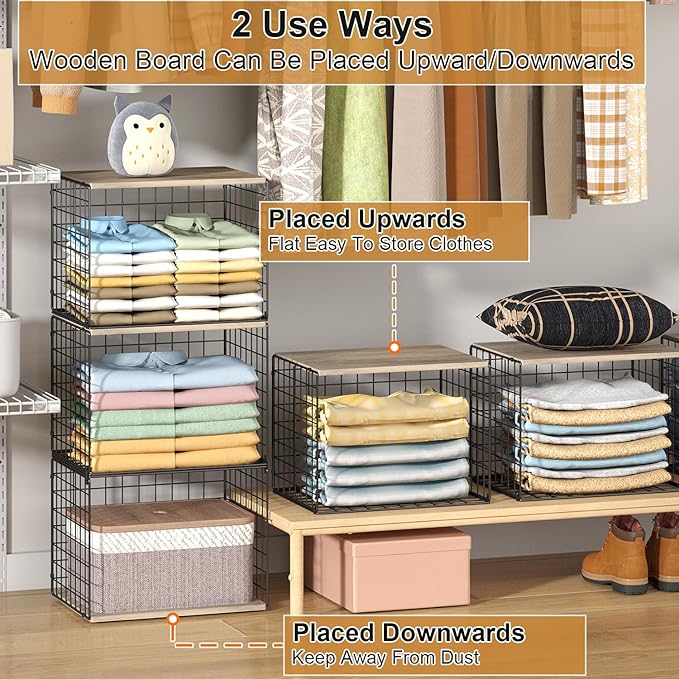 Widened & Heightened Closet Organizers And Storage Shelves With Top Board, Set of 3 Stackable Closet Shelf Organizer Storage Bin Basket For Clothes Sweaters,Space-saving, Sturdy,Wider Higher Size