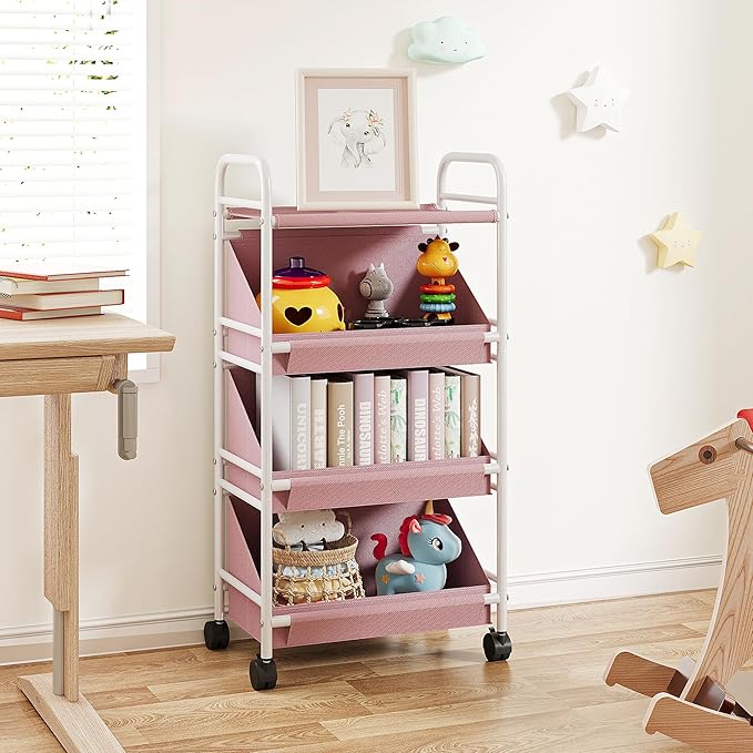 Buzowruil Utility Rolling Fabric Storage Rack Trolley Toy Cart Trolley with 3 Large Storage Boxes,Wheels, Suitable for Bedroom, Living Room, Entryway, Pink