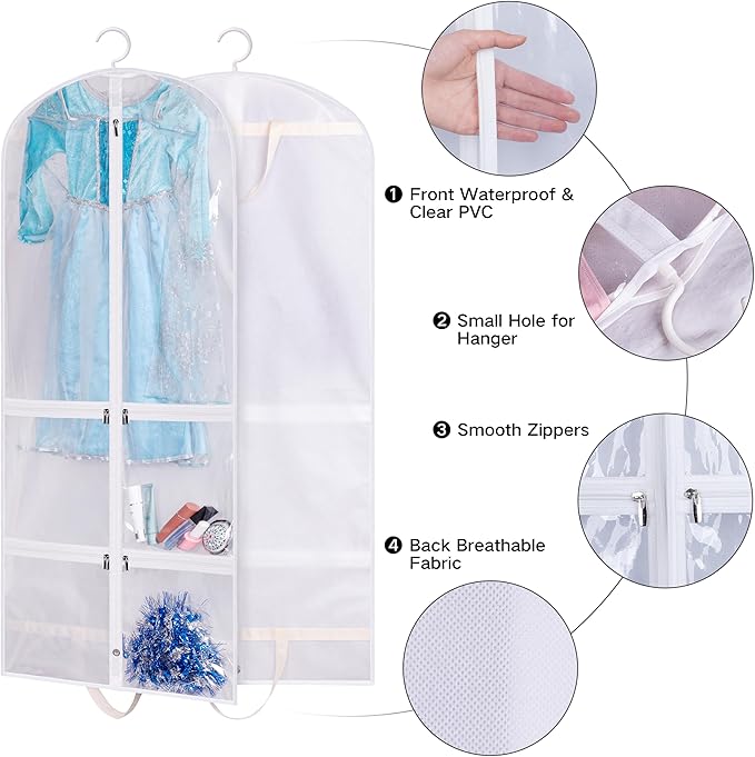 SLEEPING LAMB Clear Garment Bag for Dance Costume Kids 50 Inch Hanging Clothes Cover for Closet Storage With 4 Large Zipper Pockets for Ballet, Theatre, Competitions, 3 Packs, White