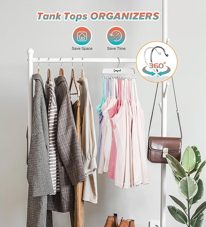 Bra Hanger for Closet, 2 Pack Tank Top Hanger w/20 Hooks Capacity Foldable Wood Space Saving Hangers, 360°Rotating Closet Organizers and Storage for Dorm & Apartment for Bra Scarf Ties(White)