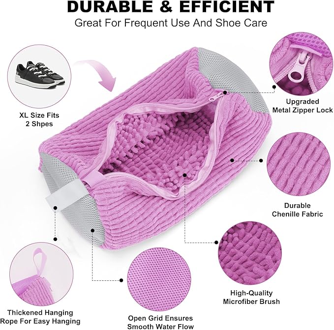 Shoe Washing Machine Bag - Shoe Laundry Bag for Washer and Dryer, Reusable 2 Pack, 360° Deep Cleaning, Self-Locking Zipper, Fits All Sneakers & Tennis Shoes - Purple