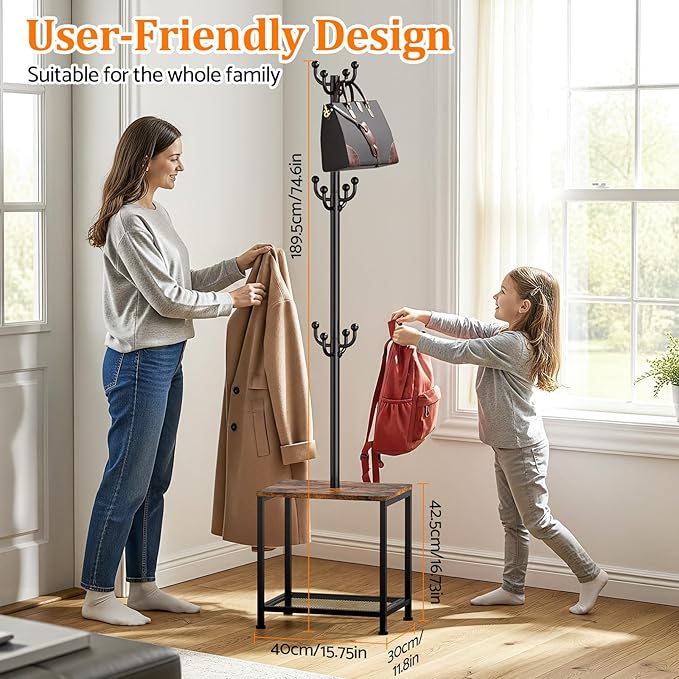 Coat Rack Freestanding, Hat Rack Hall Tree with Bench and Shoe Storage, 3-in-1 Coat Hanger Purse Rack Bag Rack Coat Tree Clothes Tree, Vintage Entryway Corner Coat Rack with Shoe Storage