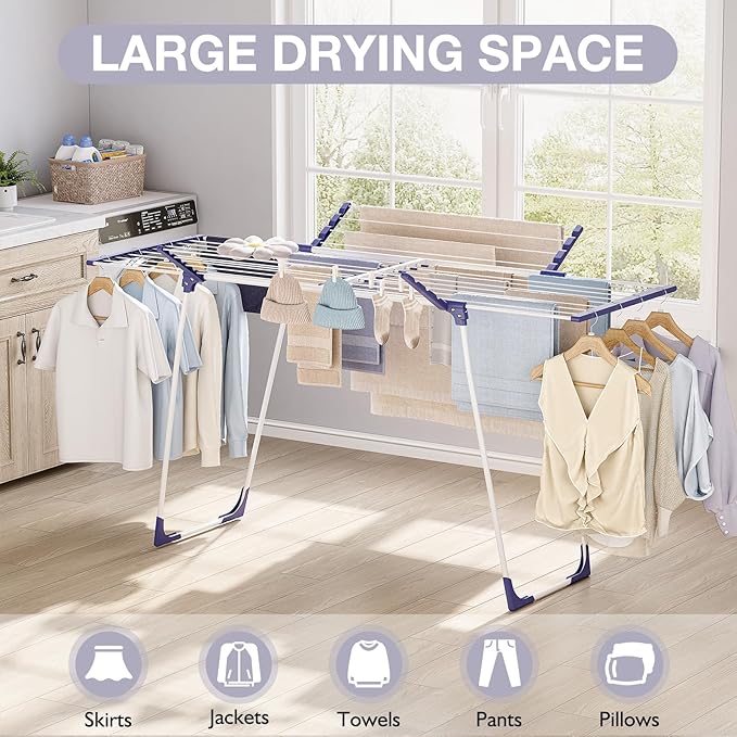 APEXCHASER Clothes Drying Rack - Foldable Laundry Rack Indoor Outdoor, Gullwing Drying Rack Clothing with 10pcs Clips + Bag, Collapsible Space-Saving Clothes Rack for Drying Towels Dolls, White