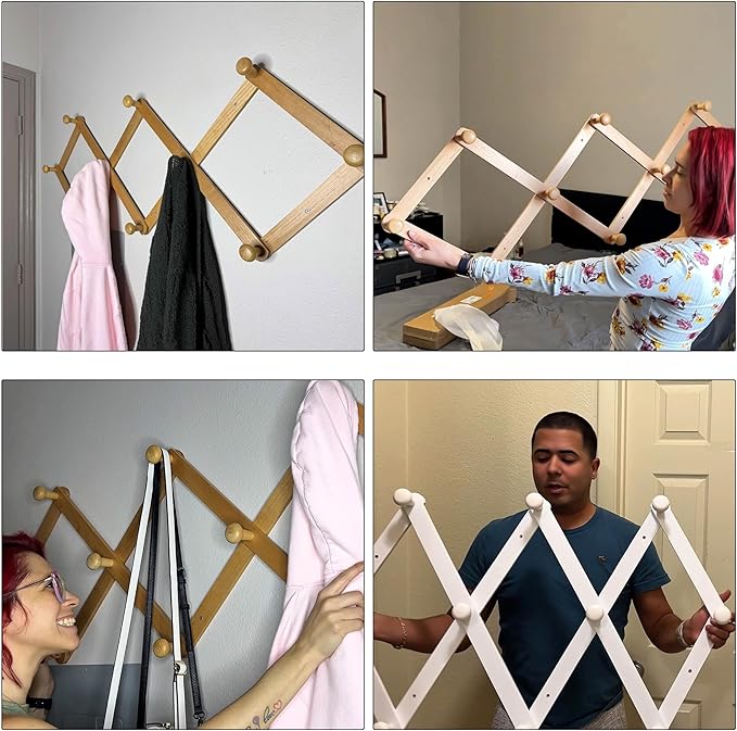 Dseap Expandable Coat Rack (Larger Version) - 24” High, Anti-Slip, Ultra Heavy Duty Wooden Accordian Wall Hanger with 10 Study Peg Hooks for Clothing Hats Jackets Bags, Grey