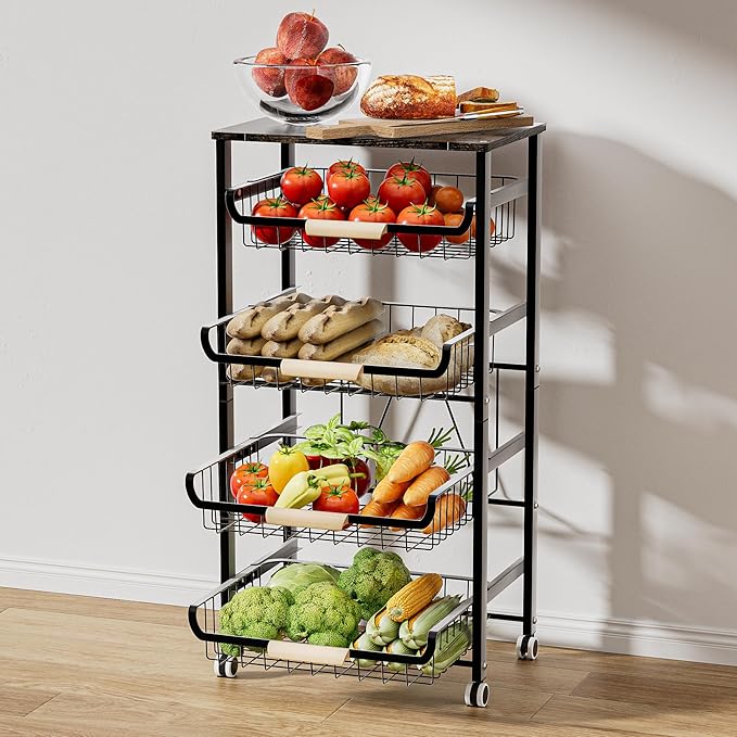 JAQ 5-Tier Fruit Vegetable Storage Cart with Wood Top, Rolling Kitchen Basket Organizer with Ergonomic Wood Handle & Wheels for Snacks Produce, Heavy Duty Metal Vianderos para Cocina Modernos, Black
