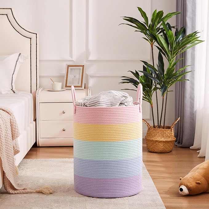15Dx20H inches Baby Girls Kids Hamper Rainbow Laundry Basket for Nursery Clothes Pastel Unicorn Woven Hamper in Playroom Bedroom Large Tall Blanket Basket