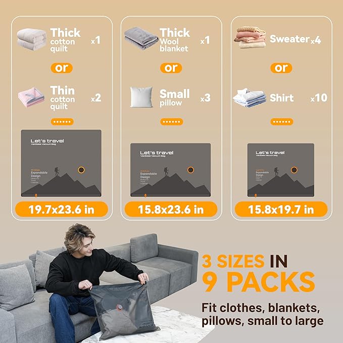 Travel Vacuum Bags with Wireless Pump, 9 Pack Vacuum Storage Bags with Powerful -58KPa Suction, for Maximum Compression in Luggage, Suitcase, Travel and Home Use for Clothes and Blankets