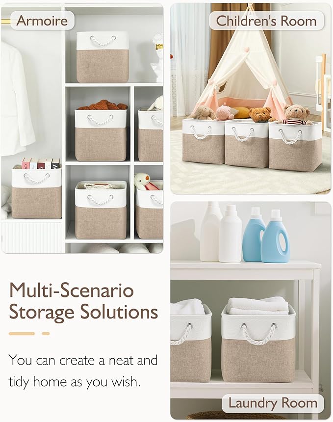 11 Inch Cube Storage Bins, 6 Pack Fabric Storage Cubes with Rope Handles, Organizer Baskets for Closet Shelves, Clothes and Home Organization(White/Khaki)