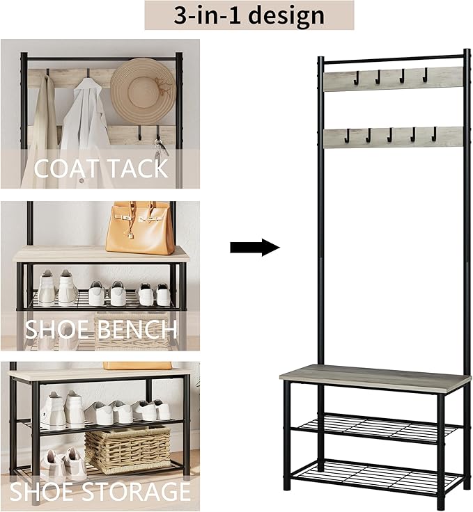 Hall Tree with Bench and Shoe Storage, 3-in-1 Coat Rack, Freestanding Wooden Coat Rack with Shoe Bench with Metal Frame, 3-Tier Storage Shelf and 9 Removable Hooks, Greige