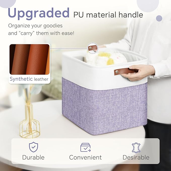 Cube Storage Baskets 6 Pack, 11x11 inch Cube Storage Bins with Leather Handles for Shelf Closet (White/ Purple)