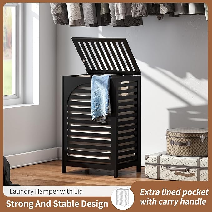 FILWH Laundry Hamper with Lid (16.9 * 13 * 26.5inches) Large Bamboo Laundry Bin Basket 85L Clothes Hamper with 1 Removable Bag Storage baskets for Bathroom(Black)