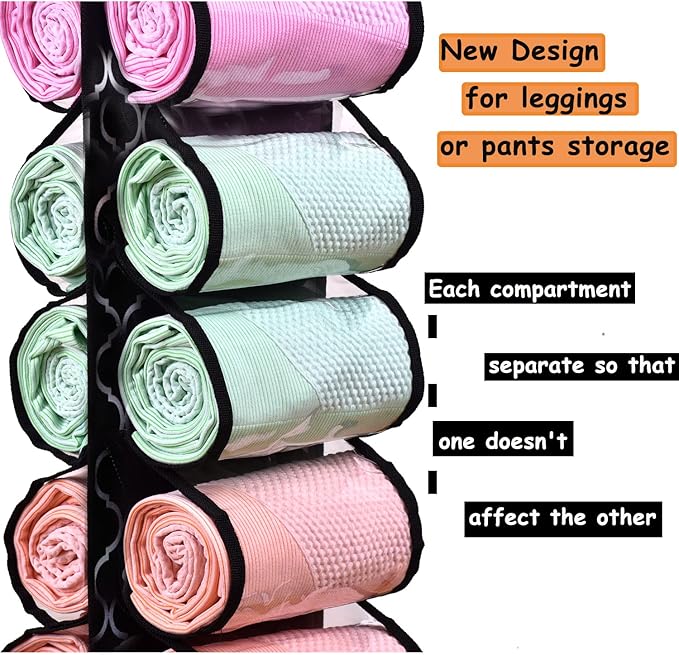 Legging Storage Bag Storage Hanger Can Holds 24 Leggings or Shirts Jeans Compartment Storage Hanger, Foldable Leggings Organizer Clothes Portable Closets Roll Holder(Color-DL)
