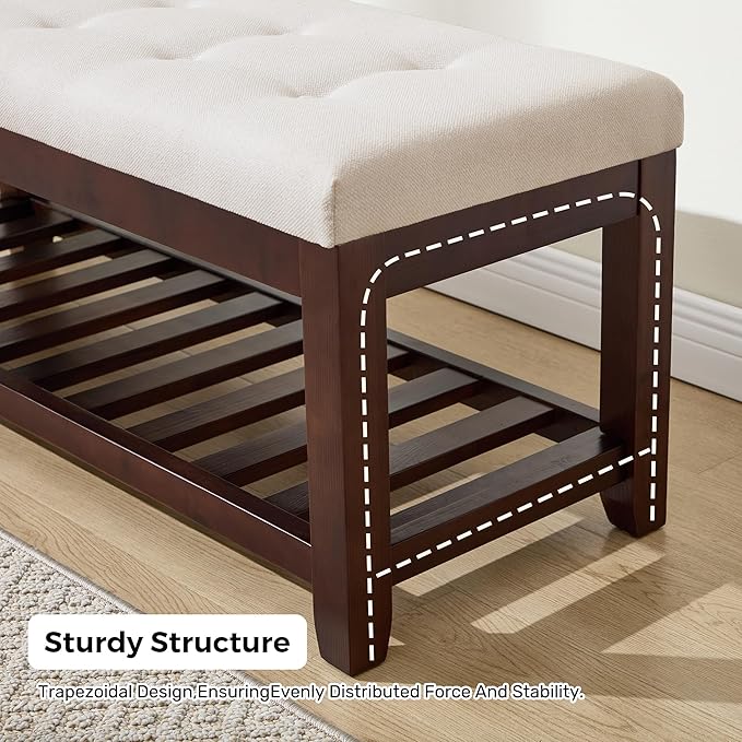 Shoe Bench Entryway, 44" End of Bed Bench,Upholstered Linen Bench for Living Room,Fabric Ottoman Bench with Solid Wood Shelf for Bedroom, Entrance Beige