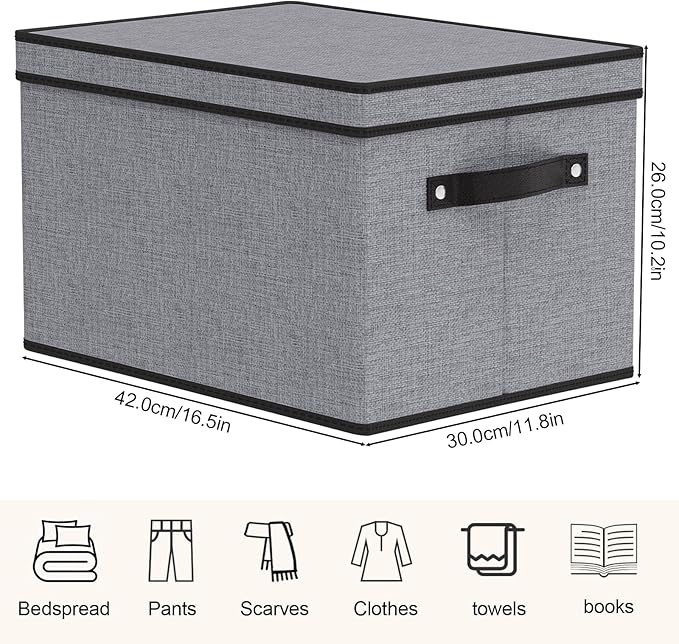 Storage Boxes with Lids, Decorative Linen Storage Bins for Shelves, Fabric Closet Organizer with Handles, Gray, 16.5 x 11.8 x 10.2 Inch, 3-Pack