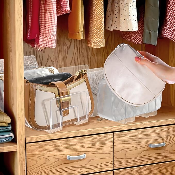 4PCS Plastic Purse Organizer for Closet Clear Acrylic Handbag Storage Shelf Dividers for Closet Bedroom Bathroom Kitchen Office Study Handbags Clutches Clothes Sweater Towel Book Organization