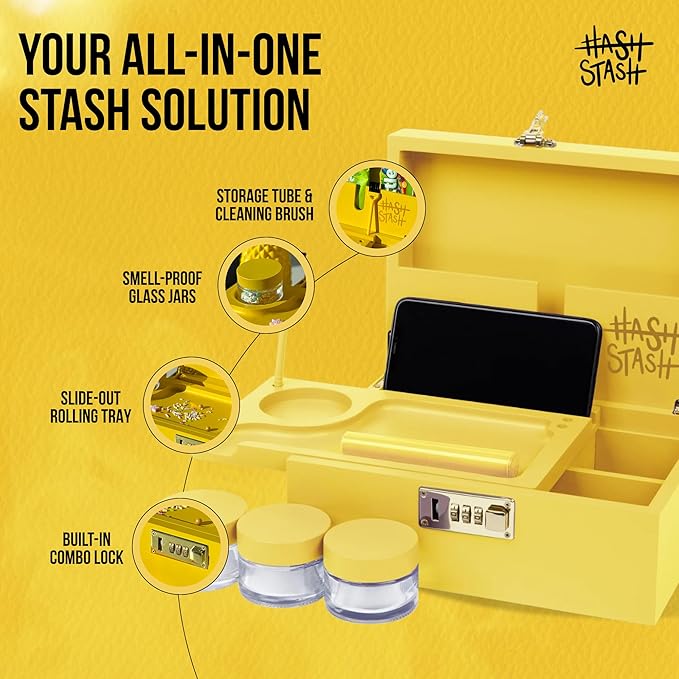HASHSTASH The OG Storage Box - Large Bamboo Box with Combination Lock, Magnetic Lid, Organizer Tray, Airtight Tube and 3 Jars - Discreet Decorative Locking Wooden Box with Accessories (Yellow/Gold)