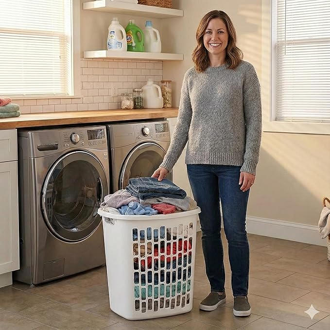 Bushel Laundry Hamper, Slim Rectangular Ventilated Plastic Clothes Basket, Heavy Duty Washing Bin With Reinforced Handles for Bathroom, Dorm, and Closet Organization, White, 1 Pack