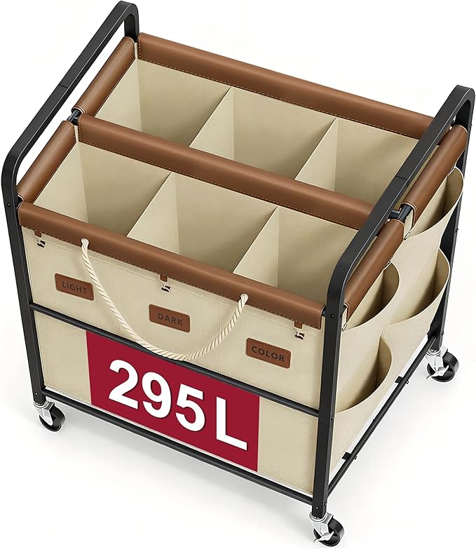 Tajsoon 295L Extra Large Laundry Hamper 6 Section, Heavy Duty Laundry Cart with Wheels, Commercial Laundry Sorter with Sturdy Metal Frame, Removable Bags & Leather Patchwork, Beige